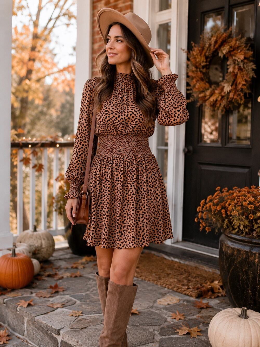Women’s Tan & Black Animal Print Smocked Waist Mock Neck Long Sleeve Dress L